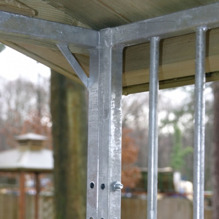 Close detail of how the dog run galvanised bar cage fits together
