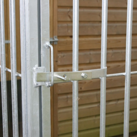 Close up detail of the door lock on the dog run galvanised bar cage